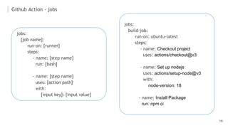 Github Action - jobs
18
jobs:
[job name]:
run-on: [runner]
steps:
- name: [step name]
run: [bash]
- name: [step name]
uses: [action path]
with:
[input key]: [input value]
jobs:
build-job:
run-on: ubuntu-latest
steps:
- name: Checkout project
uses: actions/checkout@v3
- name: Set up nodejs
uses: actions/setup-node@v3
with:
node-version: 18
- name: Install Package
run: npm ci
 