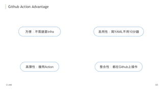 Github Action Advantage
方便：不需建置Infra
高彈性：複用Action 整合性：都在Github上操作
易用性：寫YAML不用10分鐘
 