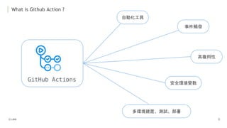 What is Github Action ?
自動化工具
事件觸發
高複用性
安全環境變數
多環境建置、測試、部署
 