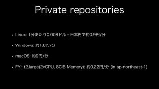 Private repositories
• Linux: 1分あたり0.008ドル＝日本円で約0.9円/分
• Windows: 約1.8円/分
• macOS: 約9円/分
• FYI: t2.large(2vCPU, 8GiB Memory): 約0.22円/分 (in ap-northeast-1)
 