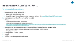 Presentation Title | Author | Date 17
© Capgemini . 2021. All rights reserved |
1. Get a GitHub runner resources …
1. registration token from the repo
2. Setup SSH key to be used by both ends – keygen or website like https://8gwifi.org/sshfunctions.jsp#
2. Create a configuration for our worker node(s)
• Options
– Terraform + Ansible to create environment
– Preconfigured cloud stack from Oracle (Arm Runner )-
https://cloud.oracle.com/resourcemanager/stacks/create?zipUrl=https://github.com/oracle-quickstart/oci-github-actions-
runner/releases/download/orm-deploy/orm.zip
3. Ensure all the necessary additional components are installed on the worker node
– Benefit of the Terraform + Ansible route is that will be incorporated into the process
– Using steps in a Action
4. Configure the GitHub Action
5. Trigger
6. Review runner response information
To get our pipeline working …
IMPLEMENTING A GITHUB ACTION …
 