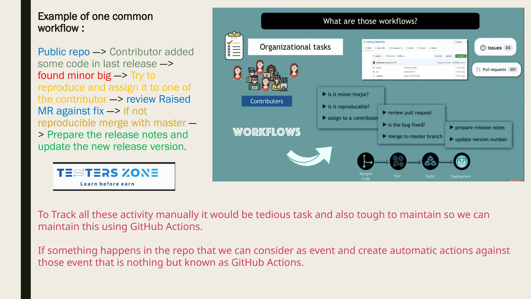 Example of one common
workflow :
Public repo —> Contributor added
some code in last release —>
found minor big —> Try to
reproduce and assign it to one of
the contributor —> review Raised
MR against fix —> if not
reproducible merge with master —
> Prepare the release notes and
update the new release version.
To Track all these activity manually it would be tedious task and also tough to maintain so we can
maintain this using GitHub Actions.
If something happens in the repo that we can consider as event and create automatic actions against
those event that is nothing but known as GitHub Actions.
 