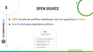 OPEN SOURCE
● 2000 minutos de workﬂow rodando por mês nos repositórios privados
● Uso ilimitado para repositórios públicos
TDC
CONNECTIONS
2021
 
