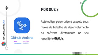 Automatize, personalize e execute seus
ﬂuxos de trabalho de desenvolvimento
do software diretamente no seu
repositório GitHub.
Beta 10/2018
Lançamento 11/2019
POR QUE ?
TDC
CONNECTIONS
2021
 