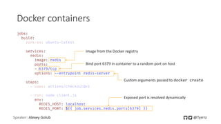 Docker containers
Speaker: Alexey Golub @Tyrrrz
jobs:
build:
services:
redis:
image: redis
ports:
- 6379/tcp
options: --entrypoint redis-server
steps:
env:
REDIS_HOST: localhost
REDIS_PORT: ${{ job.services.redis.ports[6379] }}
Image from the Docker registry
Bind port 6379 in container to a random port on host
Exposed port is resolved dynamically
Custom arguments passed to docker create
 