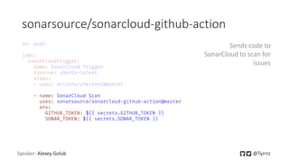 sonarsource/sonarcloud-github-action
Speaker: Alexey Golub @Tyrrrz
- name: SonarCloud Scan
uses: sonarsource/sonarcloud-github-action@master
env:
GITHUB_TOKEN: ${{ secrets.GITHUB_TOKEN }}
SONAR_TOKEN: ${{ secrets.SONAR_TOKEN }}
Sends code to
SonarCloud to scan for
issues
 