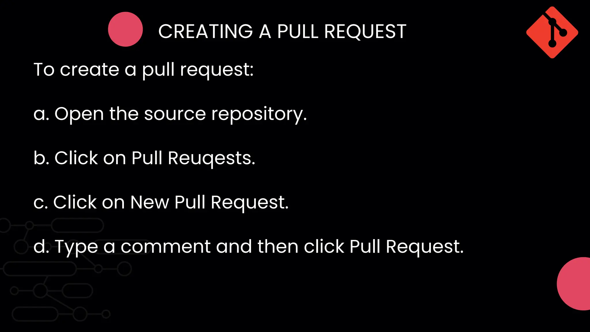 To create a pull request:
a. Open the source repository.
b. Click on Pull Reuqests.
c. Click on New Pull Request.
d. Type a comment and then click Pull Request.
CREATING A PULL REQUEST
 