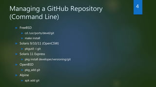 Managing a GitHub Repository
(Command Line)
 FreeBSD
 cd /usr/ports/devel/git
 make install
 Solaris 9/10/11 (OpenCSW)
 pkgutil -i git
 Solaris 11 Express
 pkg install developer/versioning/git
 OpenBSD
 pkg_add git
 Alpine
 apk add git
4
 