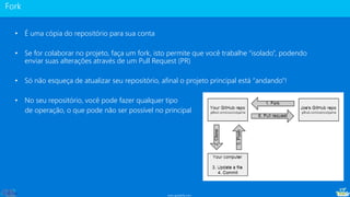 www.gotaskfly.com
• É uma cópia do repositório para sua conta
• Se for colaborar no projeto, faça um fork, isto permite que você trabalhe “isolado”, podendo
enviar suas alterações através de um Pull Request (PR)
• Só não esqueça de atualizar seu repositório, afinal o projeto principal está “andando”!
• No seu repositório, você pode fazer qualquer tipo
de operação, o que pode não ser possível no principal
 