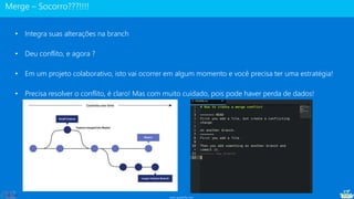 www.gotaskfly.com
• Integra suas alterações na branch
• Deu conflito, e agora ?
• Em um projeto colaborativo, isto vai ocorrer em algum momento e você precisa ter uma estratégia!
• Precisa resolver o conflito, é claro! Mas com muito cuidado, pois pode haver perda de dados!
 