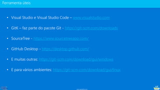 www.gotaskfly.com
• Visual Studio e Visual Studio Code – www.visualstudio.com
• GitK – faz parte do pacote Git - https://git-scm.com/downloads
• SourceTree - https://www.sourcetreeapp.com/
• GitHub Desktop - https://desktop.github.com/
• E muitas outras: https://git-scm.com/download/gui/windows
• E para vários ambientes: https://git-scm.com/download/gui/linux
 