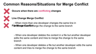 Common Reasons/Situations for Merge Conflict
Line Change Merge Conflict
- When one developer deletes a file but another developer edits the same
content and tries to merge the change to the same branch
File Merge Conflict
- When more than one developer changes the same line in
a file and tries to merge the change to the same branch
- When one developer deletes the content in a file but another developer
edits the same content and tries to merge the change to the same
branch
Occurs when there are conflicting changes
 