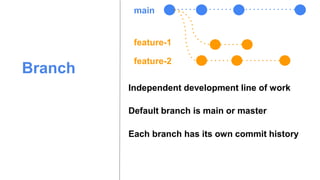 Branch
Default branch is main or master
Independent development line of work
Each branch has its own commit history
main
feature-1
feature-2
 