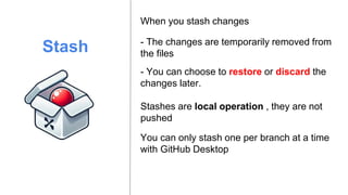 Stash - The changes are temporarily removed from
the files
When you stash changes
- You can choose to restore or discard the
changes later.
Stashes are local operation , they are not
pushed
You can only stash one per branch at a time
with GitHub Desktop
 