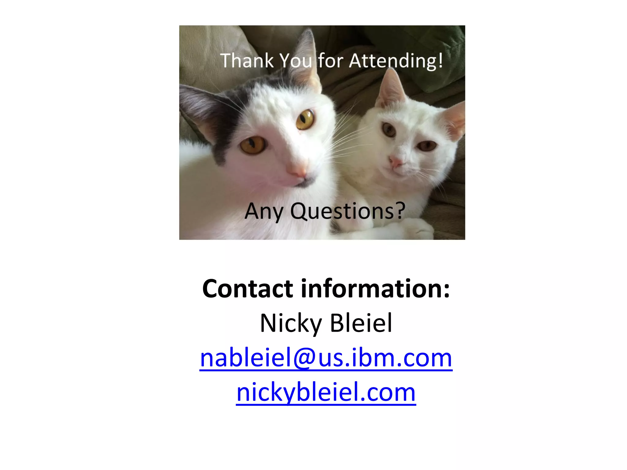 Contact information:
Nicky Bleiel
nableiel@us.ibm.com
nickybleiel.com
 