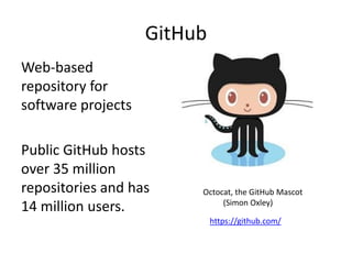 GitHub
Web-based
repository for
software projects
Public GitHub hosts
over 35 million
repositories and has
14 million users.
https://github.com/
Octocat, the GitHub Mascot
(Simon Oxley)
 
