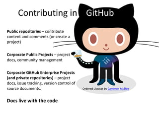 Contributing in GitHub
Public repositories – contribute
content and comments (or create a
project)
Corporate Public Projects – project
docs, community management
Corporate GitHub Enterprise Projects
(and private repositories) – project
docs, issue tracking, version control of
source documents.
Docs live with the code
Ordered Listocat by Cameron McEfee
 