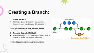 Creating a Branch:
1. Local Branch
● To create a new branch locally, use the
following command in your Git repository:
Code: git checkout -b new_branch_name
1. Remote Branch (GitHub):
● After creating a local branch, you can push it to
GitHub to make it available remotely:
Code: git push origin new_branch_name
Main
 