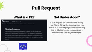 Pull Request
What is a PR?
A pull request on GitHub is like asking
your friend if they like the changes you
made to a shared project before adding
them. It helps keep everyone's work
coordinated and in good shape.
Not Understood?
 
