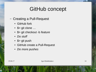 25.04.17 Igor Khokhriakov 14
GitHub concept
– Creating a Pull-Request
● GitHub fork
● $> git clone …
● $> git checkout -b ...