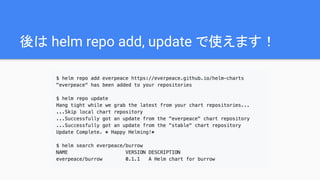 後は helm repo add, update で使えます！
 