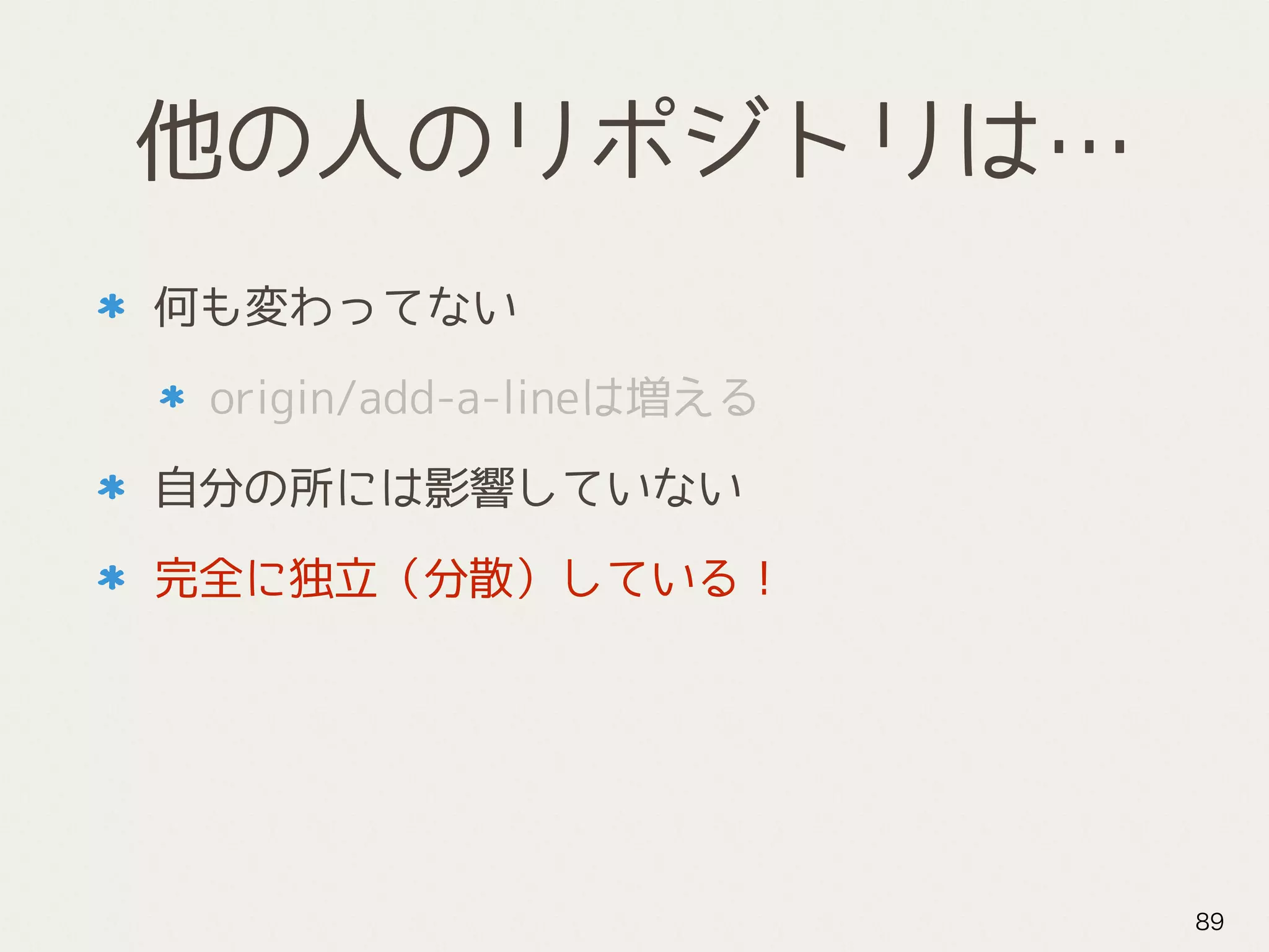 他の人のリポジトリは…
何も変わってない
origin/add-a-lineは増える
自分の所には影響していない
完全に独立（分散）している！
89
 
