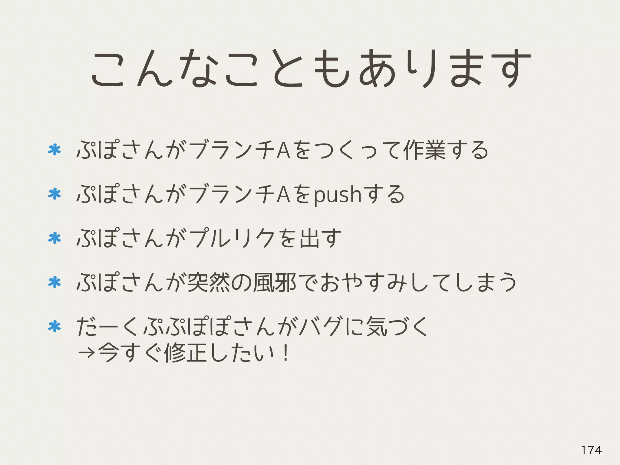 こんなこともあります
ぷぽさんがブランチAをつくって作業する
ぷぽさんがブランチAをpushする
ぷぽさんがプルリクを出す
ぷぽさんが突然の風邪でおやすみしてしまう
だーくぷぷぽぽさんがバグに気づく 
→今すぐ修正したい！
174
 