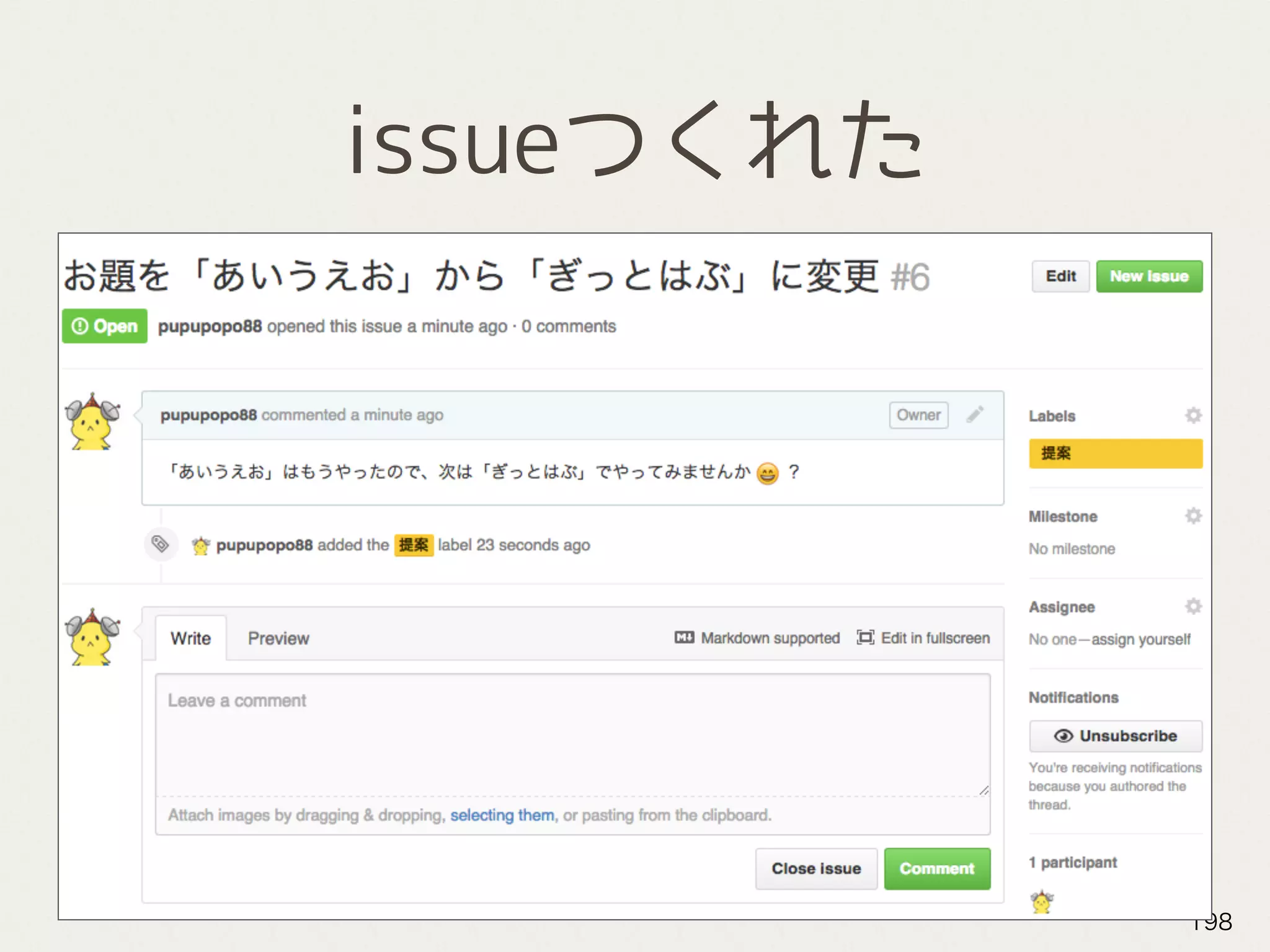 issueつくれた
198
 