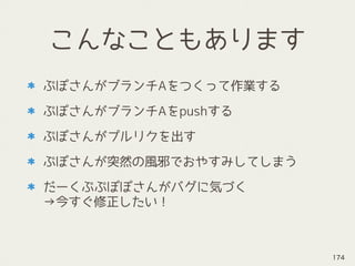 こんなこともあります
ぷぽさんがブランチAをつくって作業する
ぷぽさんがブランチAをpushする
ぷぽさんがプルリクを出す
ぷぽさんが突然の風邪でおやすみしてしまう
だーくぷぷぽぽさんがバグに気づく 
→今すぐ修正したい！
174
 