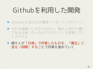 Githubを利用した開発
Github上にあるのが親玉（リモートリポジトリ）
それを直接いじるのではなく、個々人のPCに置い
てある分身（ローカルリポジトリ）を変更してい
くスタイル
個々人が「分身」で作業したものを、「親玉」に
送る（同期）することで作業を進めていく
55
 