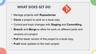 WHAT DOES GIT DO
• Manage projects with Repositories
• Clone a project to work on a local copy
• Control and track changes with Staging and Committing
• Branch and Merge to allow for work on different parts and
versions of a project
• Pull the latest version of the project to a local copy
• Push local updates to the main project
 