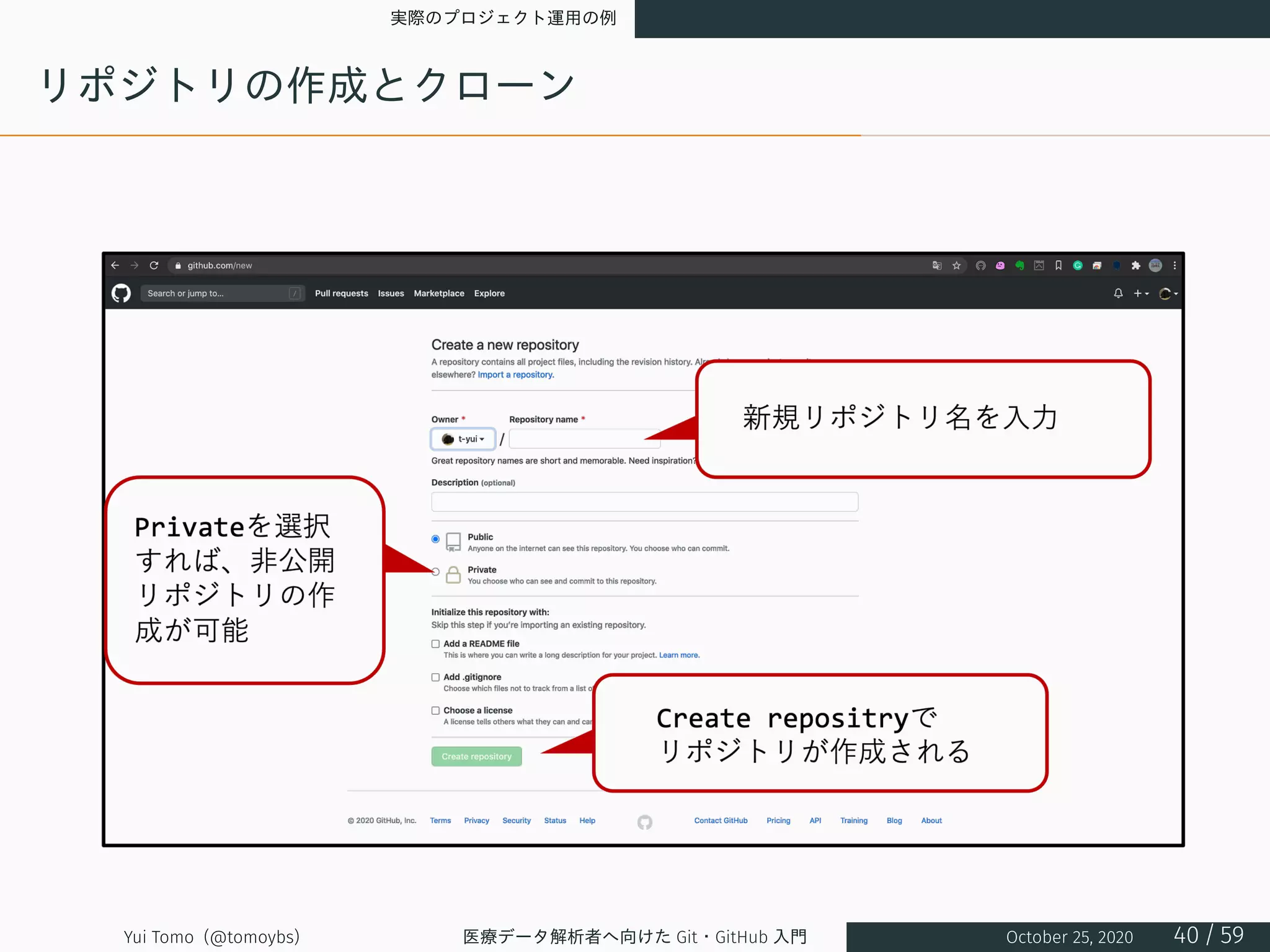 実際のプロジェクト運用の例
リポジトリの作成とクローン
Yui Tomo (@tomoybs) 医療データ解析者へ向けた Git・GitHub 入門 October 25, 2020 40 / 59
 