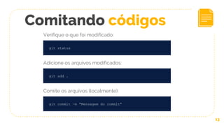 13
git status
Comitando códigos
Verifique o que foi modificado:
Adicione os arquivos modificados:
git add .
Comite os arquivos (localmente):
git commit -m “Mensagem do commit”
 
