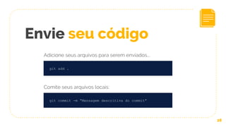 28
git add .
Envie seu código
Adicione seus arquivos para serem enviados...
git commit -m “Mensagem descritiva do commit”
Comite seus arquivos locais:
 