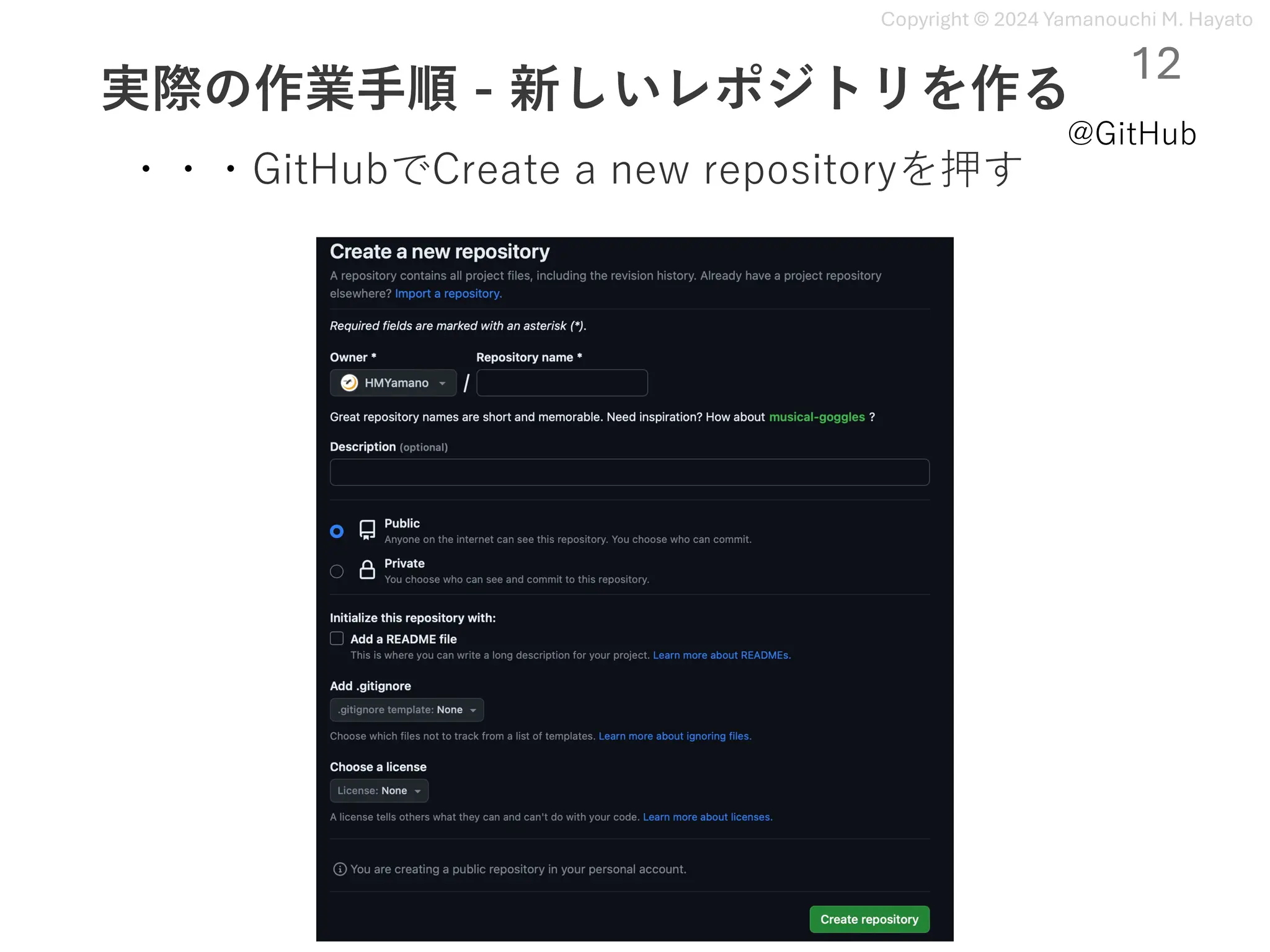 Copyright © 2024 Yamanouchi M. Hayato
実際の作業⼿順 - 新しいレポジトリを作る
12
・・・GitHubでCreate a new repositoryを押す
@GitHub
 