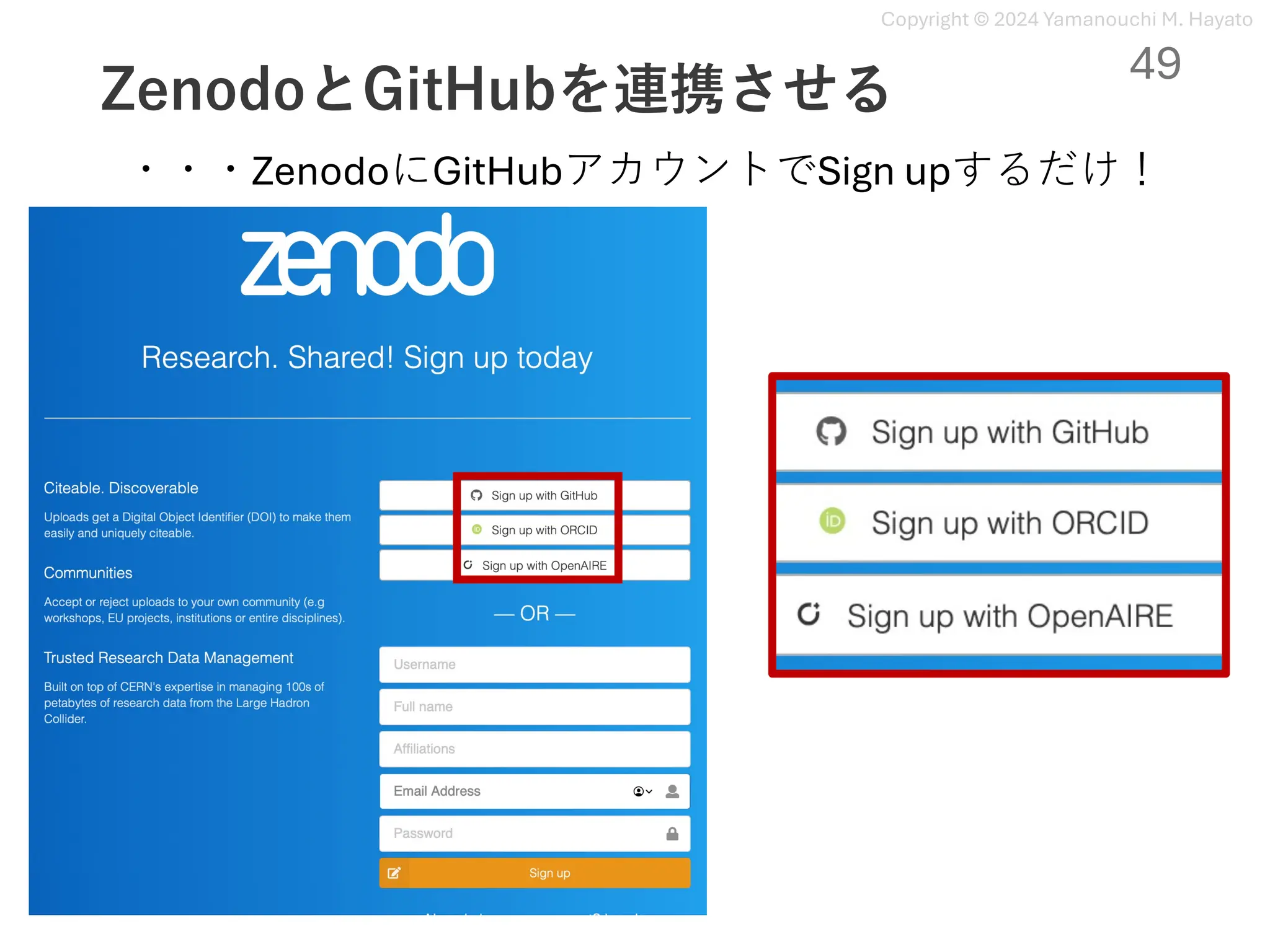 Copyright © 2024 Yamanouchi M. Hayato
ZenodoとGitHubを連携させる
49
・・・ZenodoにGitHubアカウントでSign upするだけ！
 