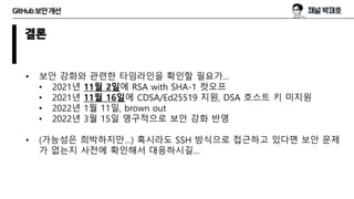 GitHub보안개선
결론
• 보안 강화와 관련한 타임라인을 확인할 필요가…
• 2021년 11월 2일에 RSA with SHA-1 컷오프
• 2021년 11월 16일에 CDSA/Ed25519 지원, DSA 호스트 키 미지원
• 2022년 1월 11일, brown out
• 2022년 3월 15일 영구적으로 보안 강화 반영
• (가능성은 희박하지만…) 혹시라도 SSH 방식으로 접근하고 있다면 보안 문제
가 없는지 사전에 확인해서 대응하시길…
 