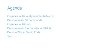 Agenda
Overview of Git and principles behind it
Demo of main Git commands
Overview of GitHub
Demo of main functionality in GitHub
Demo of Visual Studio Code
Task
 