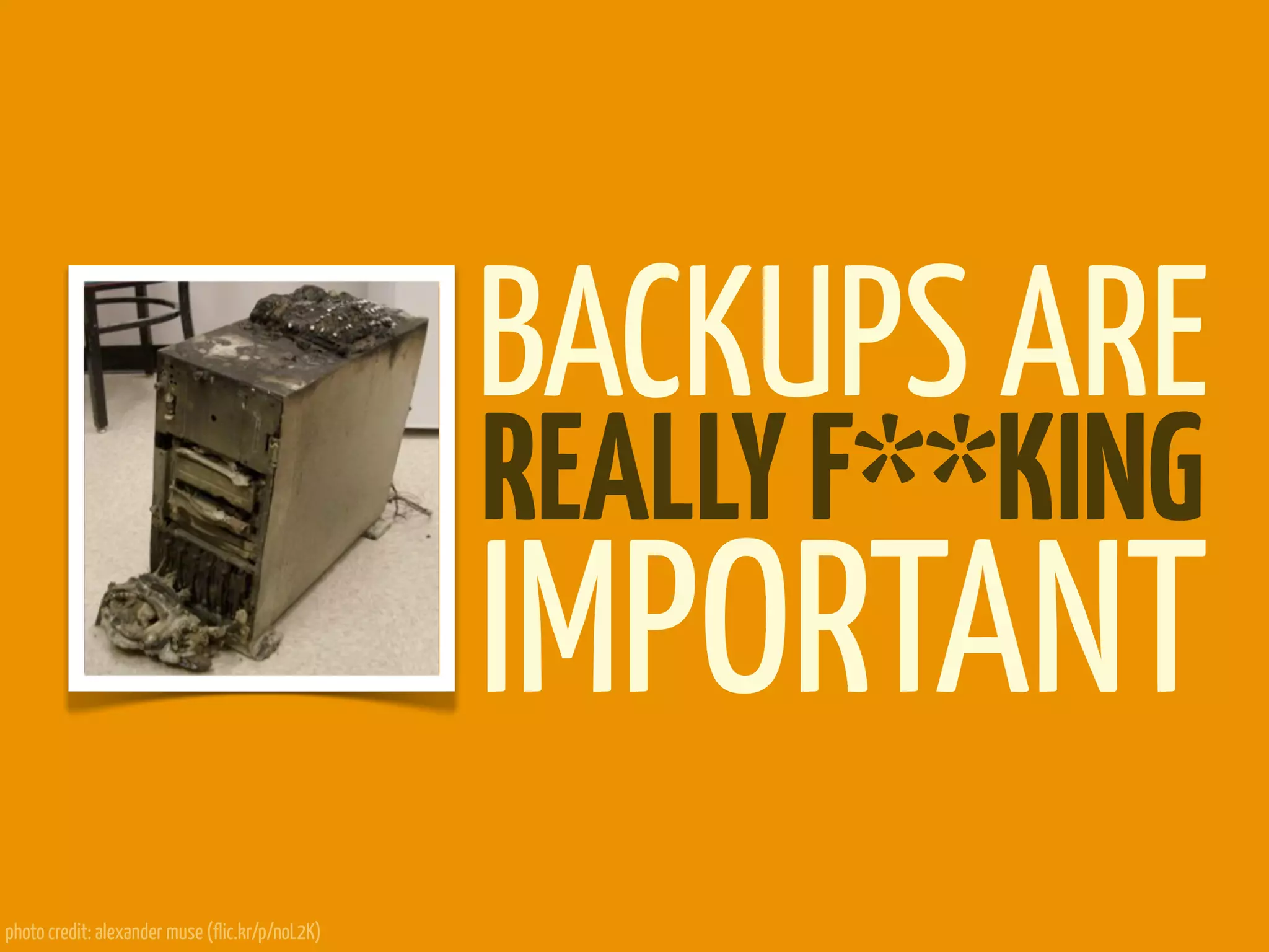 BACKUPS ARE
                                                 REALLY F**KING
                                                 IMPORTANT
photo credit: alexander muse (flic.kr/p/noL2K)
 