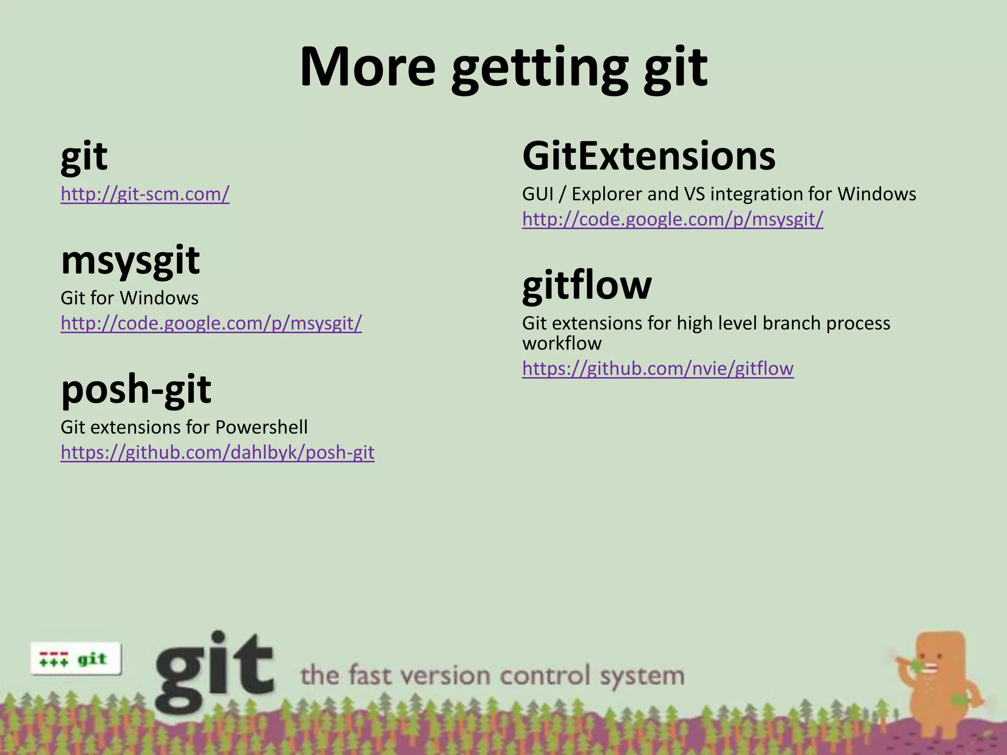 More getting git
git                                   GitExtensions
http://git-scm.com/                   GUI / Explorer and VS integration for Windows
                                      http://code.google.com/p/msysgit/

msysgit
Git for Windows                       gitflow
http://code.google.com/p/msysgit/     Git extensions for high level branch process
                                      workflow
                                      https://github.com/nvie/gitflow
posh-git
Git extensions for Powershell
https://github.com/dahlbyk/posh-git
 