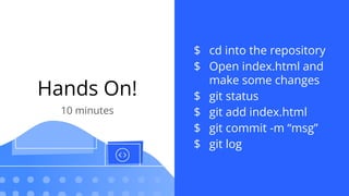 Hands On!
10 minutes
$ cd into the repository
$ Open index.html and
make some changes
$ git status
$ git add index.html
$ git commit -m “msg”
$ git log
 