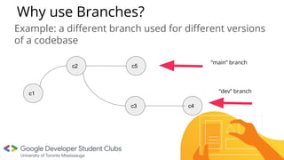 Why use Branches?
Example: a diﬀerent branch used for diﬀerent versions
of a codebase
c2
c1
c5
c3 c4
“main” branch
“dev” branch
 