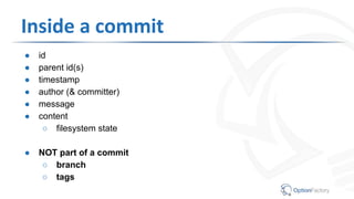 Inside a commit
● id
● parent id(s)
● timestamp
● author (& committer)
● message
● content
○ filesystem state
● NOT part of a commit
○ branch
○ tags
 