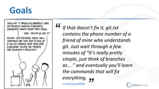 Goals
If that doesn’t fix it, git.txt
contains the phone number of a
friend of mine who understands
git. Just wait through a few
minutes of “It’s really pretty
simple, just think of branches
as…” and eventually you’ll learn
the commands that will fix
everything.
HTTP://XKCD.COM/1597/
“
 