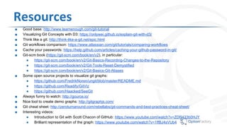 Resources
■ Good base: http://www.learnenough.com/git-tutorial
■ Visualizing Git Concepts with D3: https://onlywei.github.io/explain-git-with-d3/
■ Think like a git: http://think-like-a-git.net/epic.html
■ Git workflows comparison: https://www.atlassian.com/git/tutorials/comparing-workflows
■ Cache your passwords: https://help.github.com/articles/caching-your-github-password-in-git/
■ Git-scm book (https://git-scm.com/book/en/v2), in particular:
● https://git-scm.com/book/en/v2/Git-Basics-Recording-Changes-to-the-Repository
● https://git-scm.com/book/en/v2/Git-Tools-Reset-Demystified
● https://git-scm.com/book/en/v2/Git-Basics-Git-Aliases
■ Some open source projects to visualize git graphs:
● https://github.com/FredrikNoren/ungit/blob/master/README.md
● https://github.com/Readify/GitViz
● https://github.com/Haacked/SeeGit
■ Always funny to watch: http://gource.io/
■ Nice course: http://gitimmersion.com/index.html
■ Nice tool to create demo graphs: http://gitgraphjs.com/
■ Git cheat sheet: http://zeroturnaround.com/rebellabs/git-commands-and-best-practices-cheat-sheet/
■ Interesting videos:
● Introduction to Git with Scott Chacon of GitHub: https://www.youtube.com/watch?v=ZDR433b0HJY
● Brilliant representation of the graph: https://www.youtube.com/watch?v=1ffBJ4sVUb4
 
