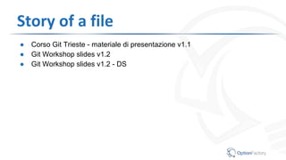 Story of a file
● Corso Git Trieste - materiale di presentazione v1.1
● Git Workshop slides v1.2
● Git Workshop slides v1.2 - DS
 