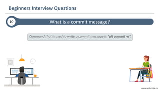www.edureka.co
What is a commit message?
Beginners Interview Questions
10
Command that is used to write a commit message is “git commit -a”.
 