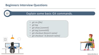 www.edureka.co
Explain some basic Git commands.
Beginners Interview Questions
12
• git rm [file]
• git log
• git show [commit]
• git tag [commitID]
• git checkout [branch name]
• git checkout –b [branch name]
 