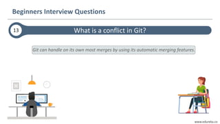 www.edureka.co
What is a conflict in Git?
Beginners Interview Questions
13
Git can handle on its own most merges by using its automatic merging features.
 