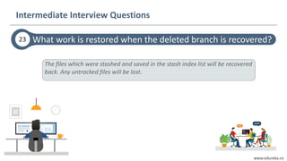 www.edureka.co
What work is restored when the deleted branch is recovered?23
Intermediate Interview Questions
The files which were stashed and saved in the stash index list will be recovered
back. Any untracked files will be lost.
 